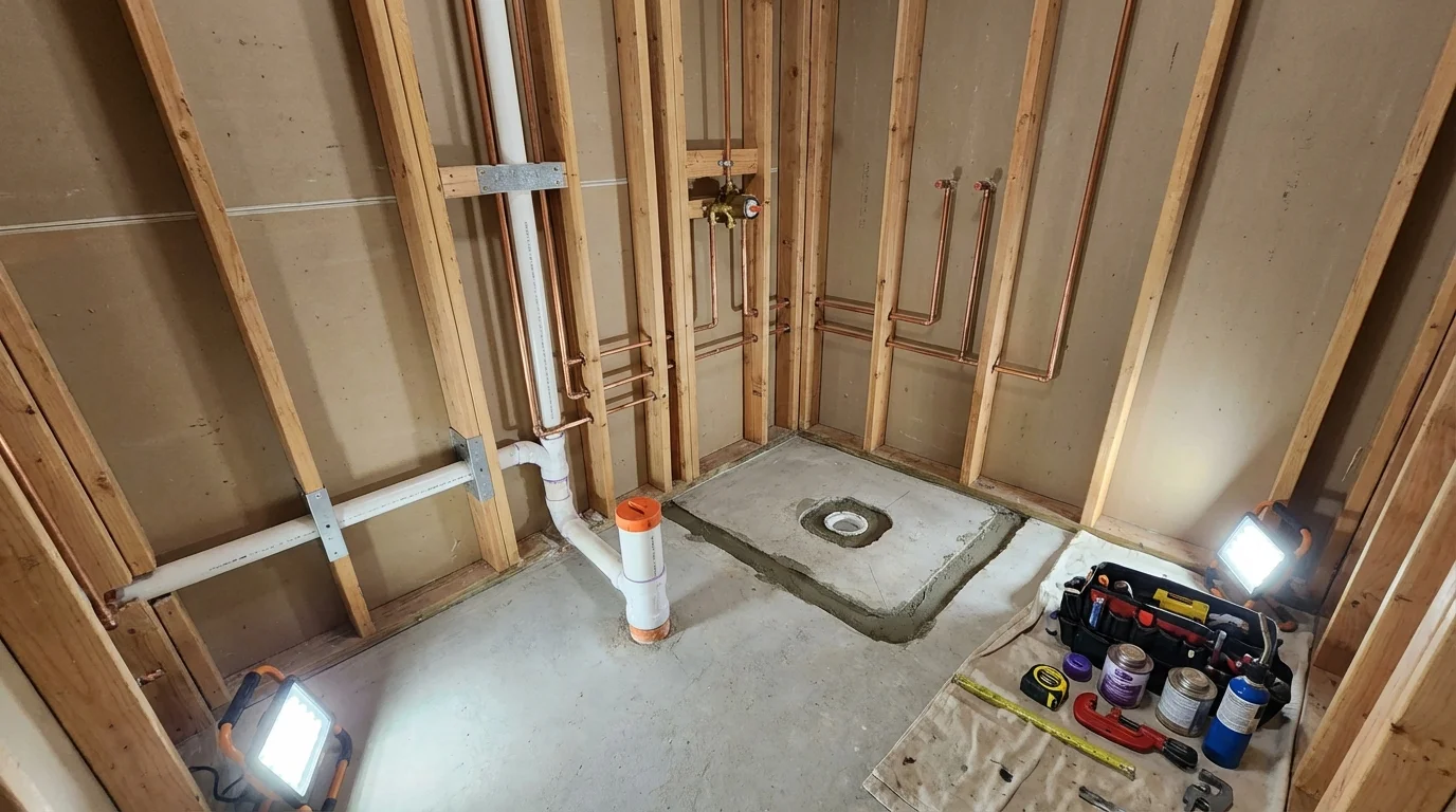 Bathroom rough-in plumbing during remodel by Johns Plumbing LLC in Marion
