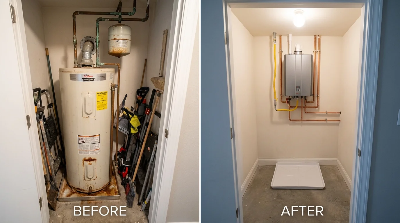 Tank water heater versus wall-mounted tankless unit comparison for Marion, IN homeowners