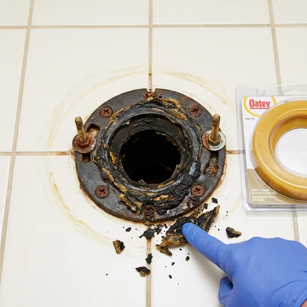 Failed wax ring showing water seepage at the base of a toilet in a Marion, IN home