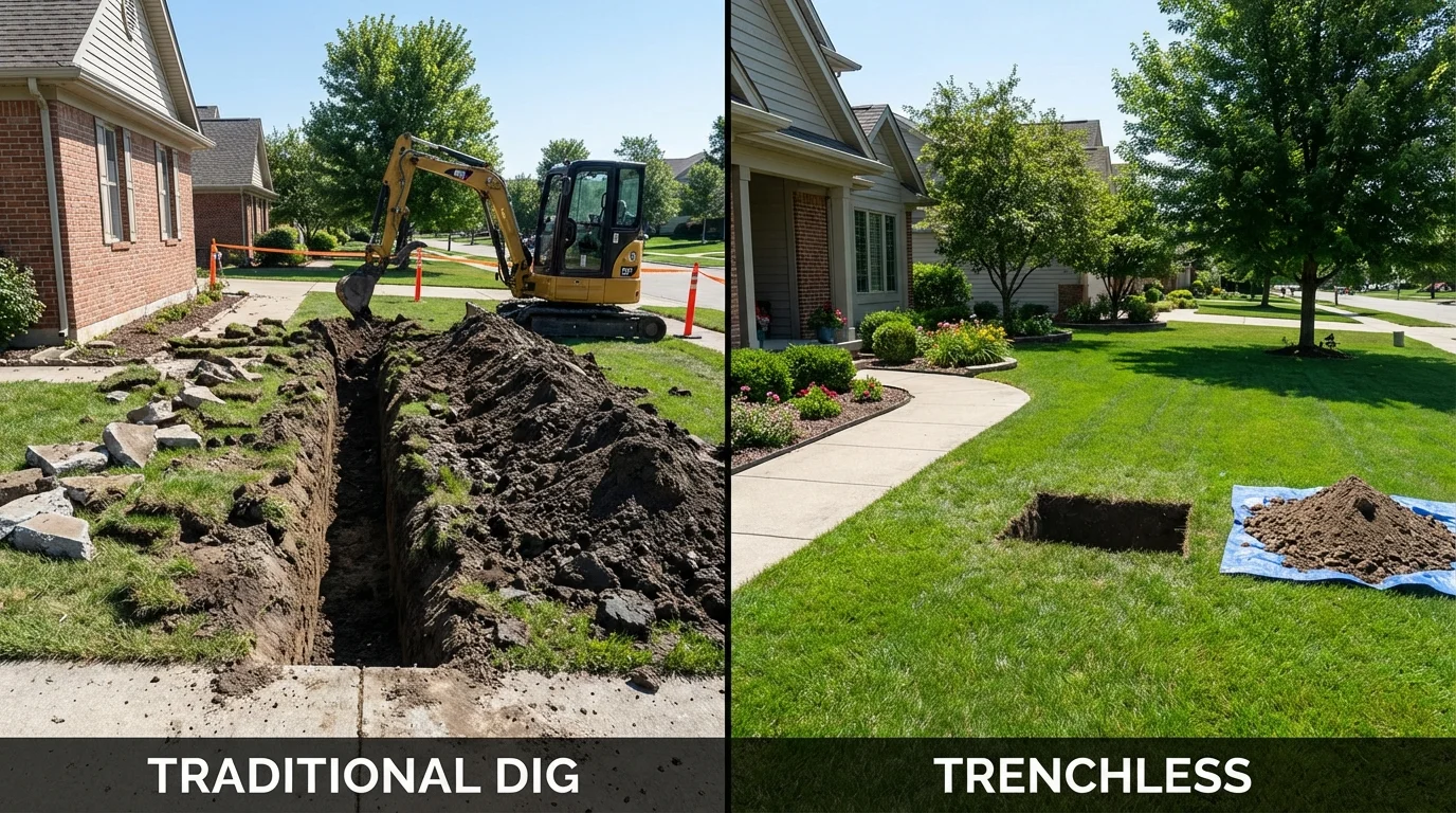 Trenchless sewer repair with minimal yard damage versus traditional excavation in Marion, IN