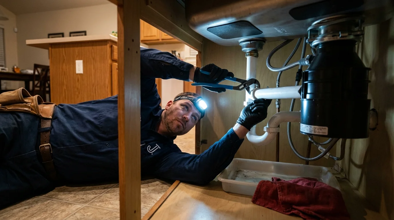 P-trap and supply line connections under a kitchen sink showing a common leak point in Marion, IN